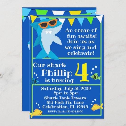 キッズブルーシャークフィンタスティック誕生日 招待状 (正面/裏面)