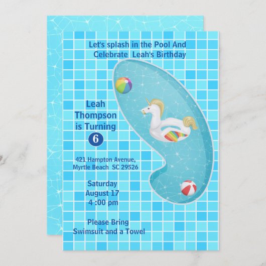 キッズブループールパーティーユニコーン誕生日招待状 招待状 (正面/裏面)