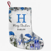 キッズブルーペンギンモノグラム名 スモールクリスマスストッキング (正面)