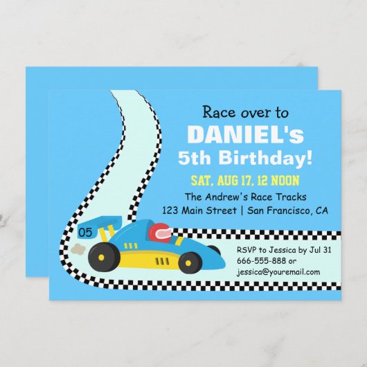 キッズブルーレースカーバースデーパーティ招待状 招待状 (正面/裏面)
