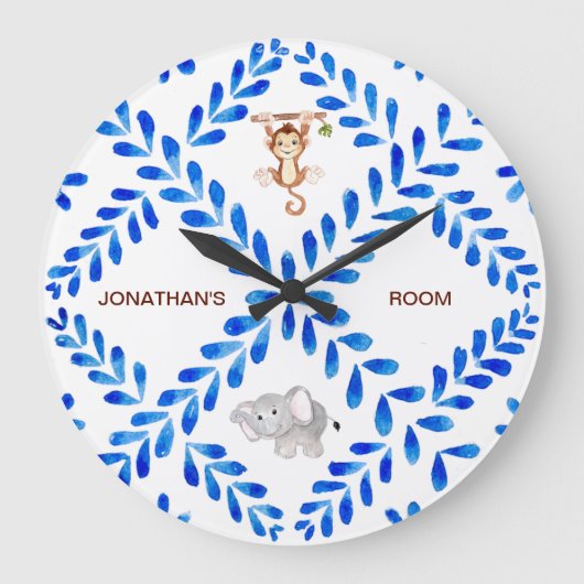 キッズブルー&ホワイトモンキーゾウ名前をカスタムする ラージ壁時計 (正面)