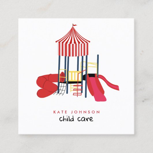 キッズプレカラフルーグラウンドチャイルドケア先生 スクエア名刺 (正面)