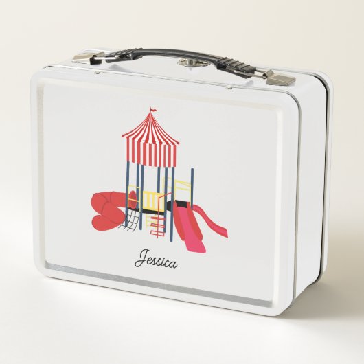 キッズプレカラフルーグラウンド名前をカスタムする メタルランチボックス (裏面)