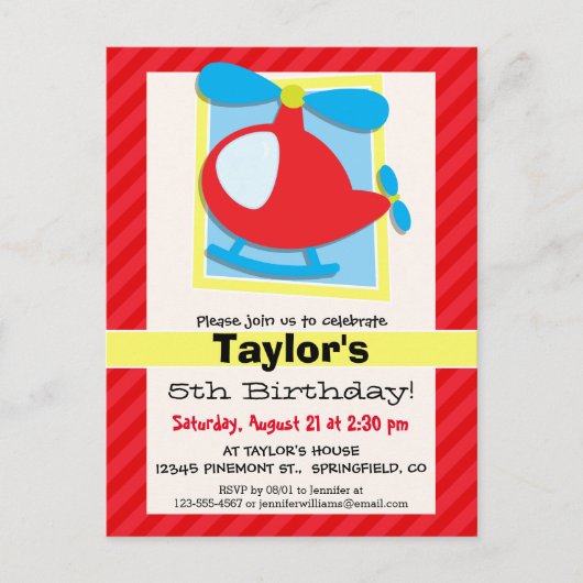 キッズヘリコプター、緋色の赤ストライプ色 ポストカード (正面)