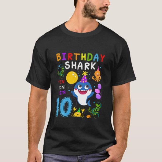 キッズベビーかわいいサメ10th誕生日男の子10年 tシャツ (正面)