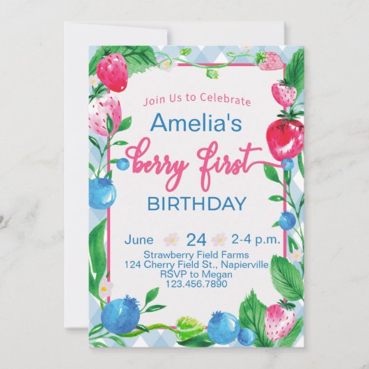 キッズベリーファースト誕生日招待状イチゴ 招待状 (正面)