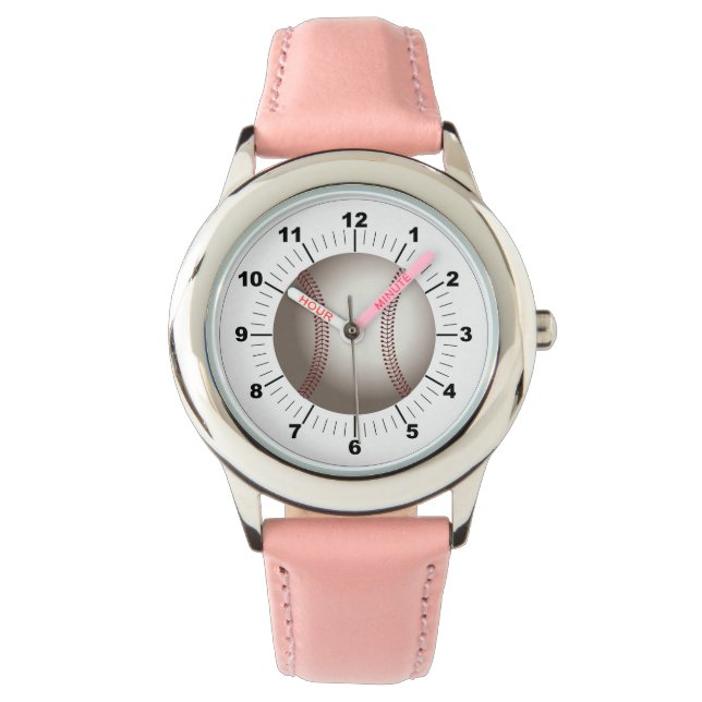 キッズベースボールピンクレザーストラップウォッチ 腕時計 (正面)