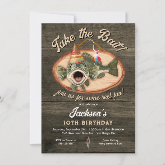 キッズベース魚釣りおもしろい誕生日 招待状 (正面)