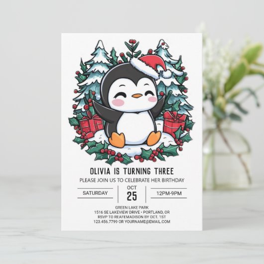 キッズペンギンエレガントデジタル誕生日 招待状 (スタンド正面)