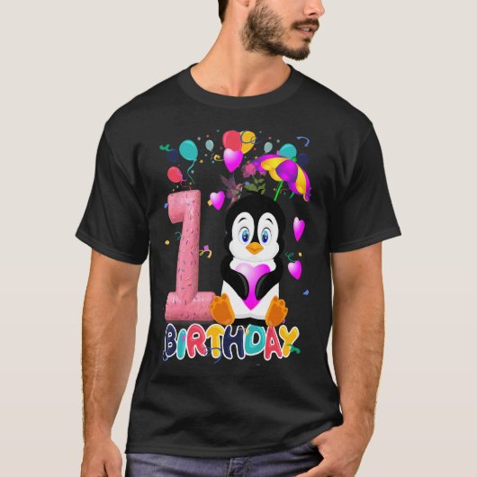 キッズペンギン誕生日パーティー1歳の男の子1番目のペン Tシャツ (正面)
