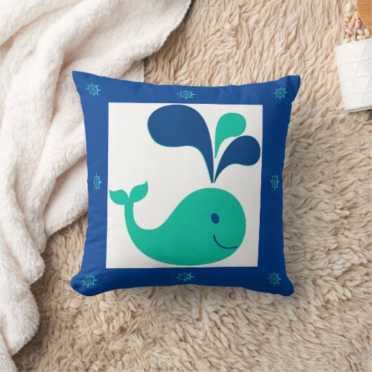 キッズホエールカートゥーンブルーホワイトグリーン装飾用クッション クッション (ブランケット)