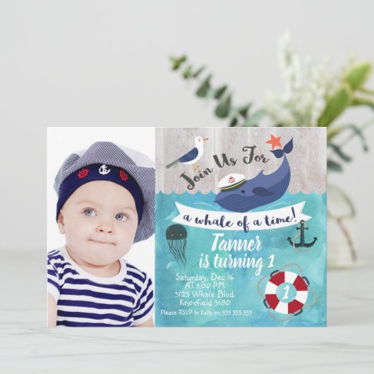 キッズホエールフォトウォーターカラー誕生日招待状 招待状 (スタンド正面)