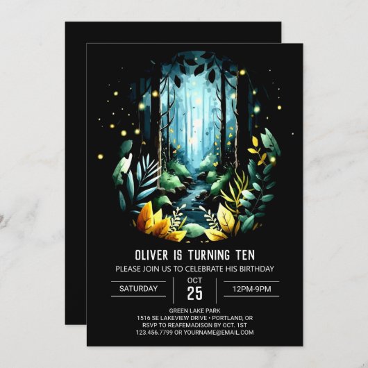 キッズホタル自然ウッドランド誕生日 招待状 (正面/裏面)