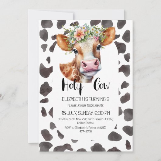 キッズホーリーカウバースデーパーティーブランド動物テーマ 招待状 (正面)