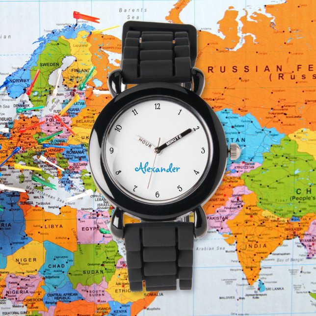 キッズボーイズおもしろいモダンブラック名前をカスタムするモノグラム 腕時計 (Kids Boys Fun Modern Black Custom Name Monogram Watch)