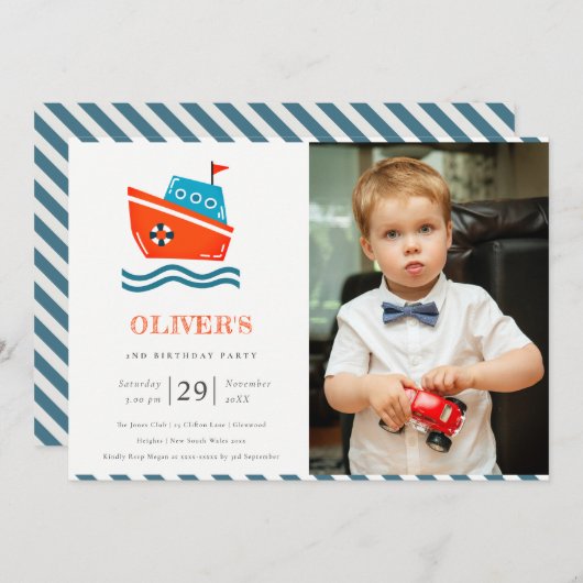 キッズボ航海のートフォトエイジ誕生日招待状 サンキューカード (正面/裏面)