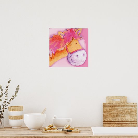 キッズポニーアートピンク&オレンジスクエアポスタープリント ポスター (キッチン)
