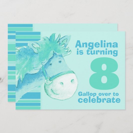 キッズポニートレッキング8バースデーアクア誕生日招待状 招待状 (正面/裏面)