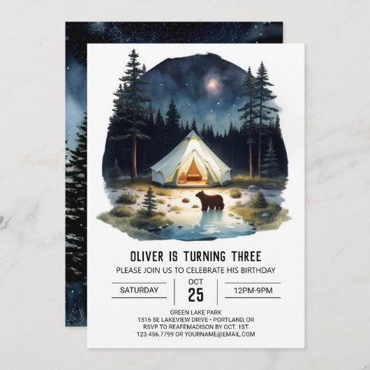 キッズマウン素朴トキャンプアウト誕生日招待状 招待状 (正面/裏面)