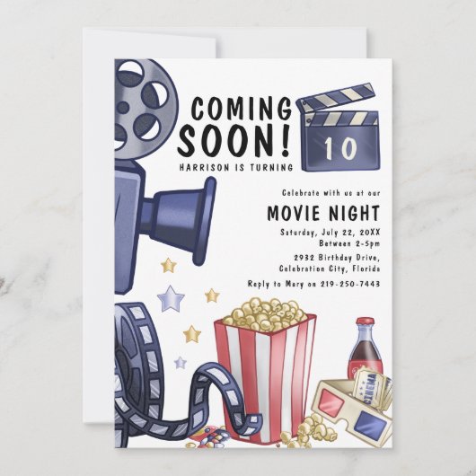 キッズムービーモダンナイトバースデーパーティー 招待状 (正面)