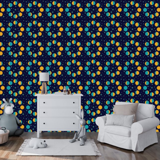 キッズムーンフェイズとスターキラキラのダークブルー 壁紙 (Kid's Room or Playroom Moon Phases and Stars Twinkles Dark Blue | Golden Yellow | Aqua Wallpaper)