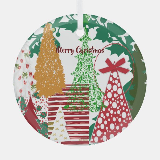 キッズメリークリスマスツリーレッドグリーン金ゴールドデコール ガラスオーナメント (正面)