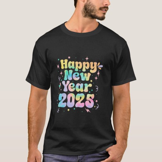 キッズメンズ女性グルーヴィ絞り染めハッピーニューイヤー2025 Tシャツ (正面)