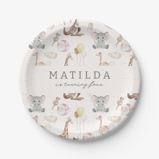 キッズモダンカーニバルサーカス |女の子誕生日 ペーパープレート (正面)