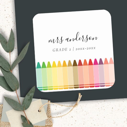 キッズモダン先生カラフルレインボークレヨンカラー スクエアシール