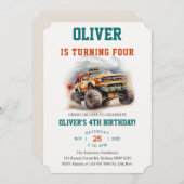 キッズモンスタモダンートラックウォーターカラー誕生日 招待状 (正面/裏面)