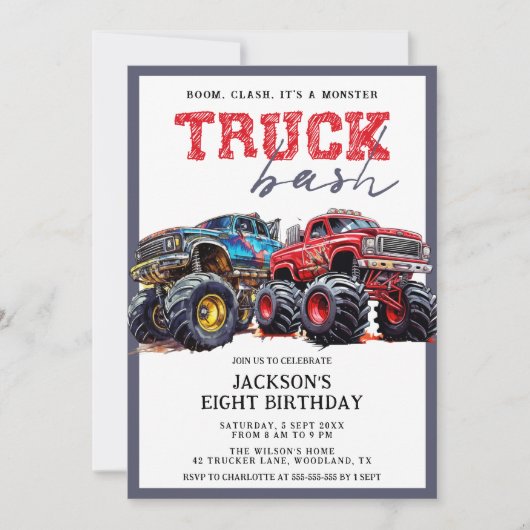 キッズモンスタモダンートラック誕生日パーティー 招待状 (正面)