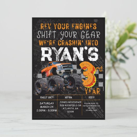 キッズモンスタートラックラリー3回目の誕生日パーティー 招待状 (スタンド正面)