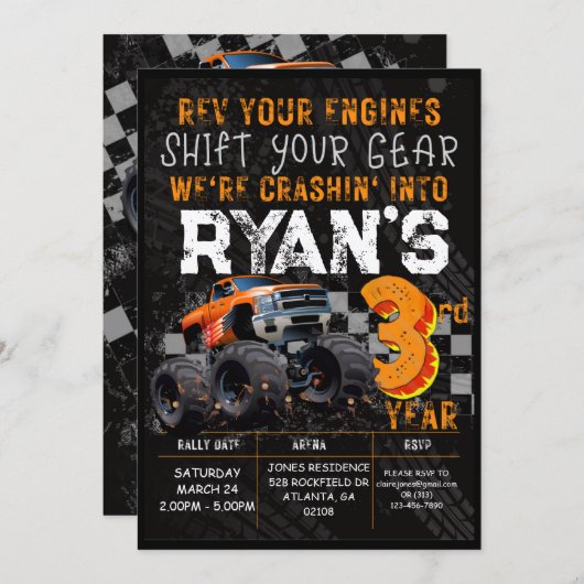 キッズモンスタートラックラリー3回目の誕生日パーティー 招待状 (正面/裏面)