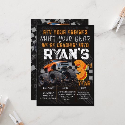 キッズモンスタートラックラリー3回目の誕生日パーティー 招待状 (正面/裏面インサイチュ)