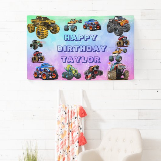 キッズモンスタートラックレースカーボーイバースデーパーティー 横断幕 (インサイチュ)