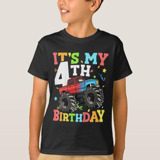 キッズモンスタートラック私の4歳の誕生日の男の子4 4歳 Tシャツ (正面)
