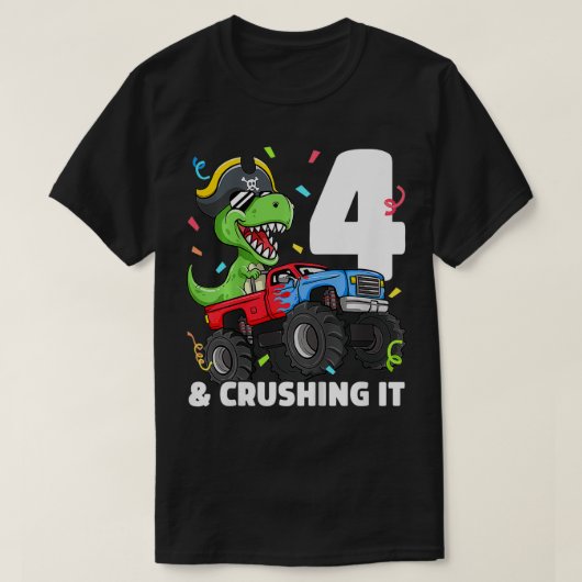 キッズモンスタートラックTRex海賊4thバースデーボーイ4 Tシャツ (デザイン正面)