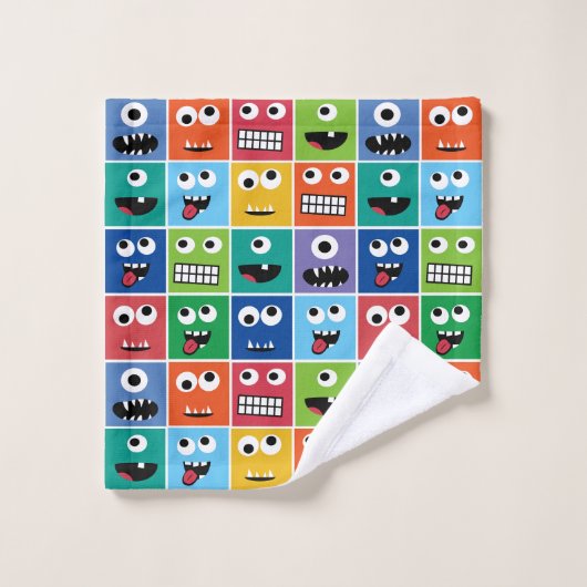 キッズモンスター顔パターカラフルンモノグラムボーイズ バスタオルセット (ウォッシュタオル)