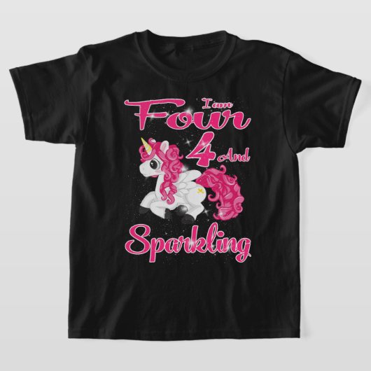キッズユニコーン誕生日ガール4歳&スパークル Tシャツ (レイダウン)