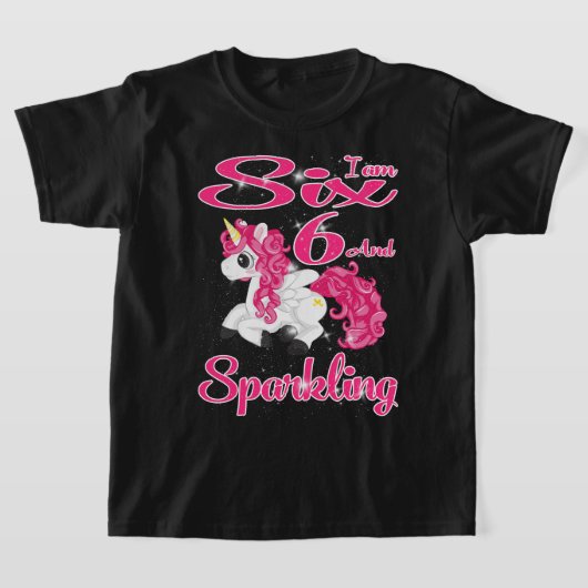 キッズユニコーン誕生日ガール6歳&スパークル Tシャツ (レイダウン)
