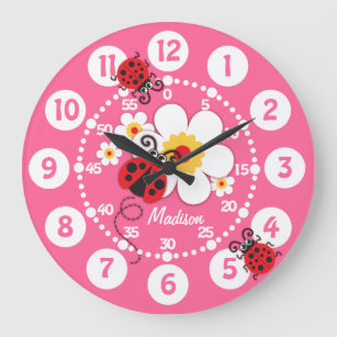 キッズラディバグ&花かわいいピンクの女の子の壁時計 ラージ壁時計