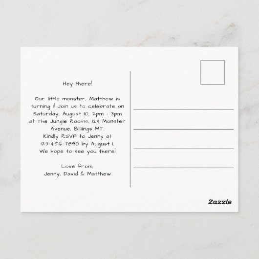 キッズリトルモンスターバースデーパーティーへの招待 ポストカード (裏面)