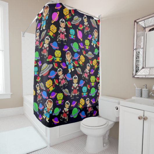 キッズルームレトロロボット・宇宙飛行士 シャワーカーテン (インサイチュ)