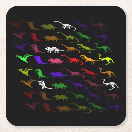 キッズレインボーカッコいいカラフルかわいい恐竜 スクエアペーパーコースター (正面)