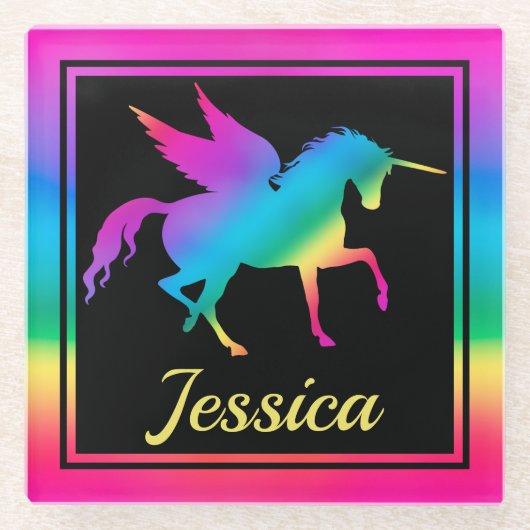 キッズレインボーグラデーションユニコーンシルエット ガラスコースター (正面)