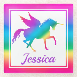 キッズレインボーグラデーションユニコーンシルエット ガラスコースター