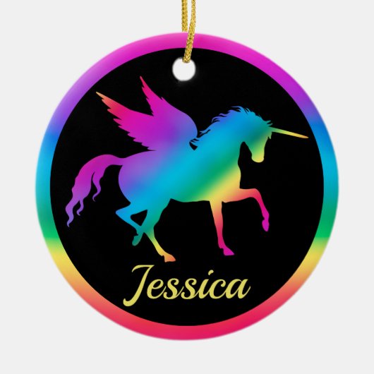 キッズレインボーグラデーションユニコーンシルエット セラミックオーナメント (正面)