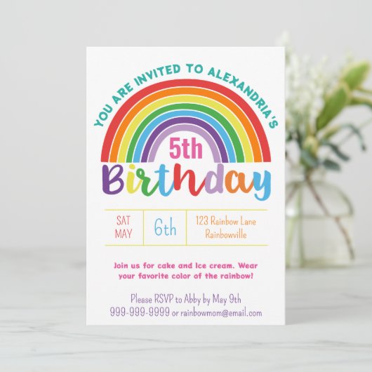キッズレインボーバースデーパーティーカラフルガールかわいらしズ 招待状 (スタンド正面)