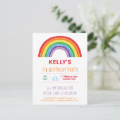 キッズレインボーバースデーパーティーカラフルガールズかわいらし インビテーションポストカード (スタンド正面)