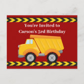 キッズレッドダンプトラックボーイズ誕生日パーティー インビテーションポストカード (正面)